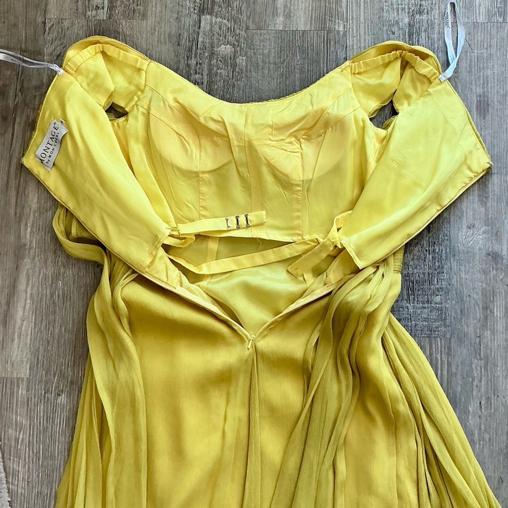 Montage by Mon Cheri Yellow Chartreuse Chiffon Flowy Gown with Shawl - Picture 13 of 14